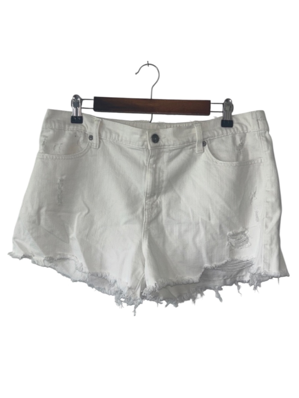 Aerie White Pull-On Denim Jean Shorts Distressed Raw Hem Women Size Large
